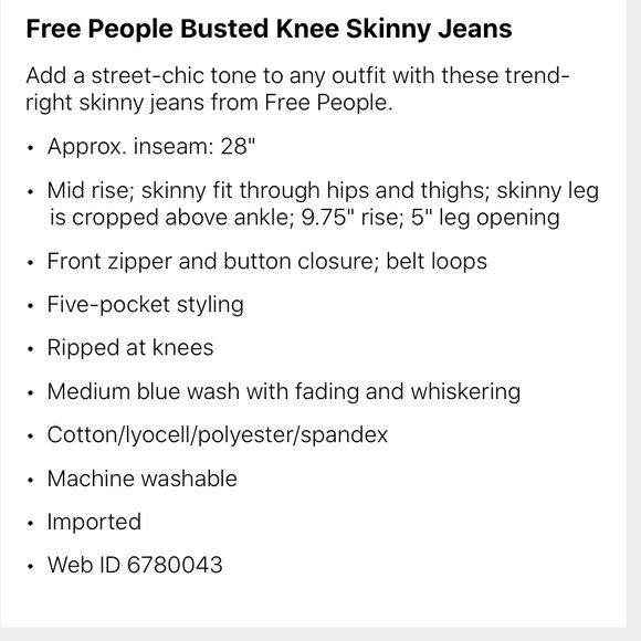 Free People Busted Knee Skinny Jeans Sz:24 - Picture 5 of 5